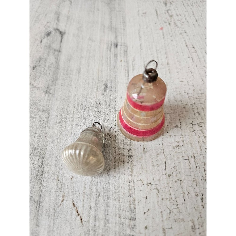 Antique Bell‎ glass mini ornament striped pink silver Xmas tree set